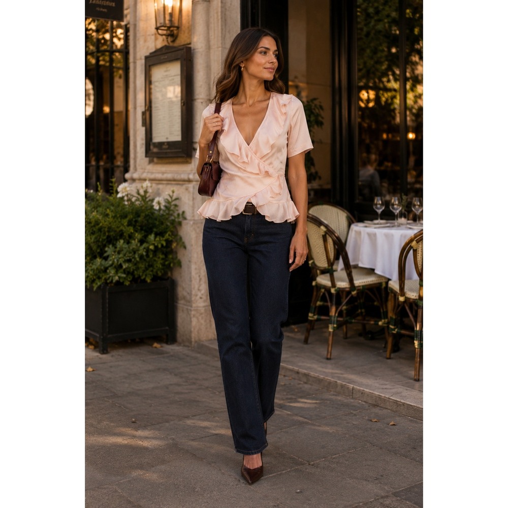 Rena Lange Silk Wrap Blouse Pink Ruffle Peplum Top Short Sleeve Size 4